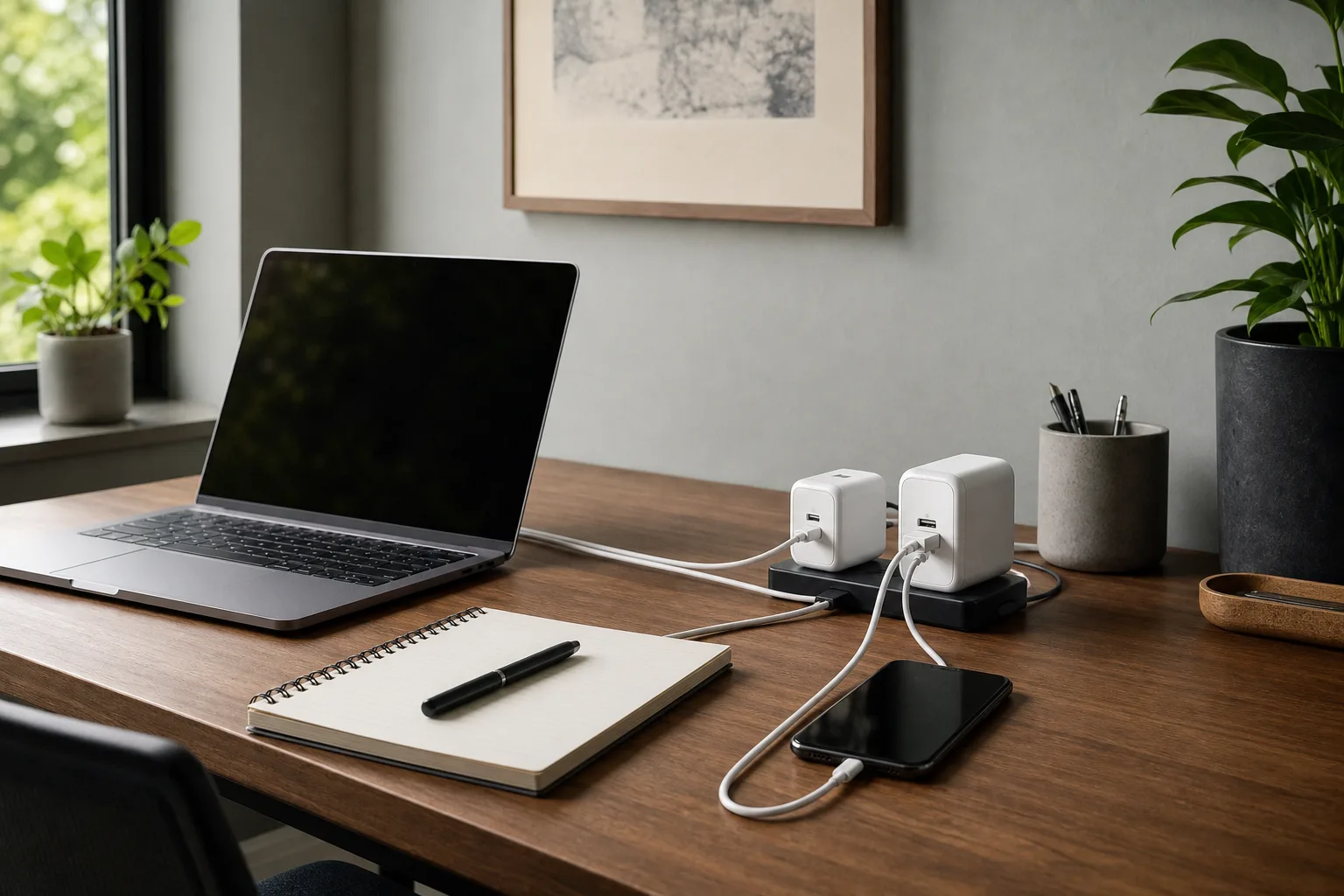 Lifestyle scene illustrating a two-charger desk setup that ends cable clutter