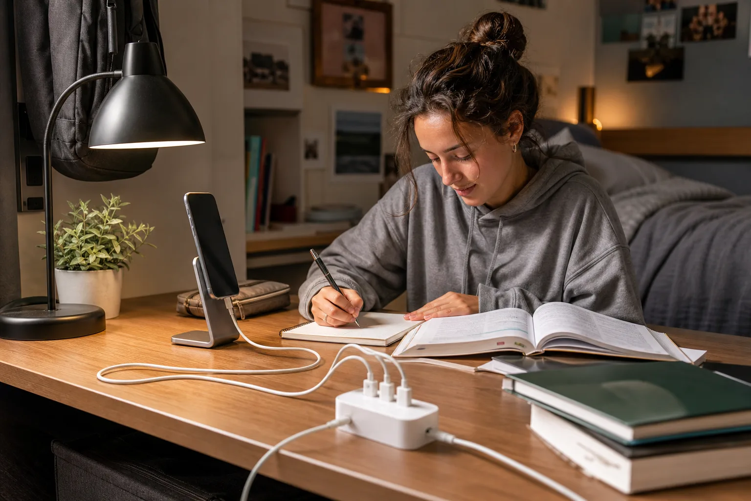 Lifestyle scene illustrating best phone accessories for college dorm rooms
