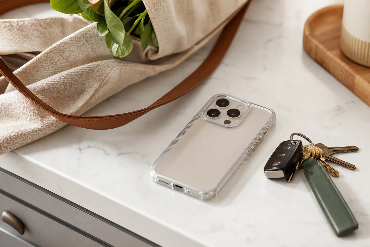 Lifestyle scene illustrating clear cases without the cheap, slippery feel