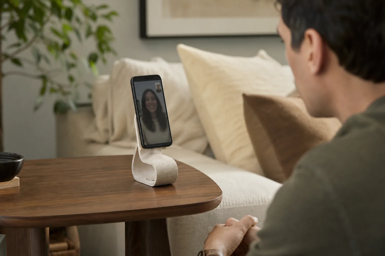 Lifestyle scene illustrating desk-friendly phone stands that belong in a living room