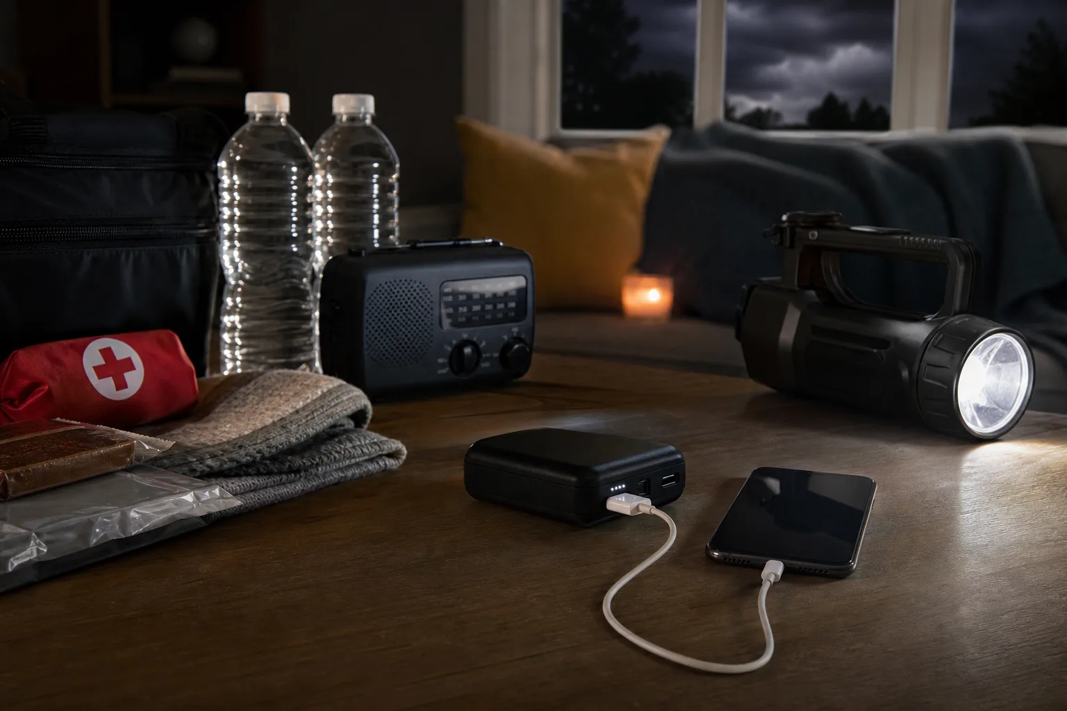 Lifestyle scene illustrating emergency phone power for storm kits and blackouts