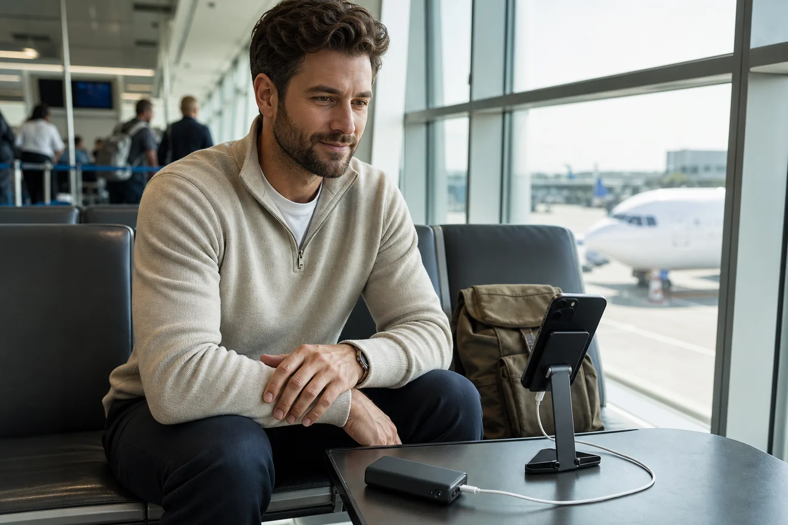 Lifestyle scene illustrating phone accessories for a better airport day