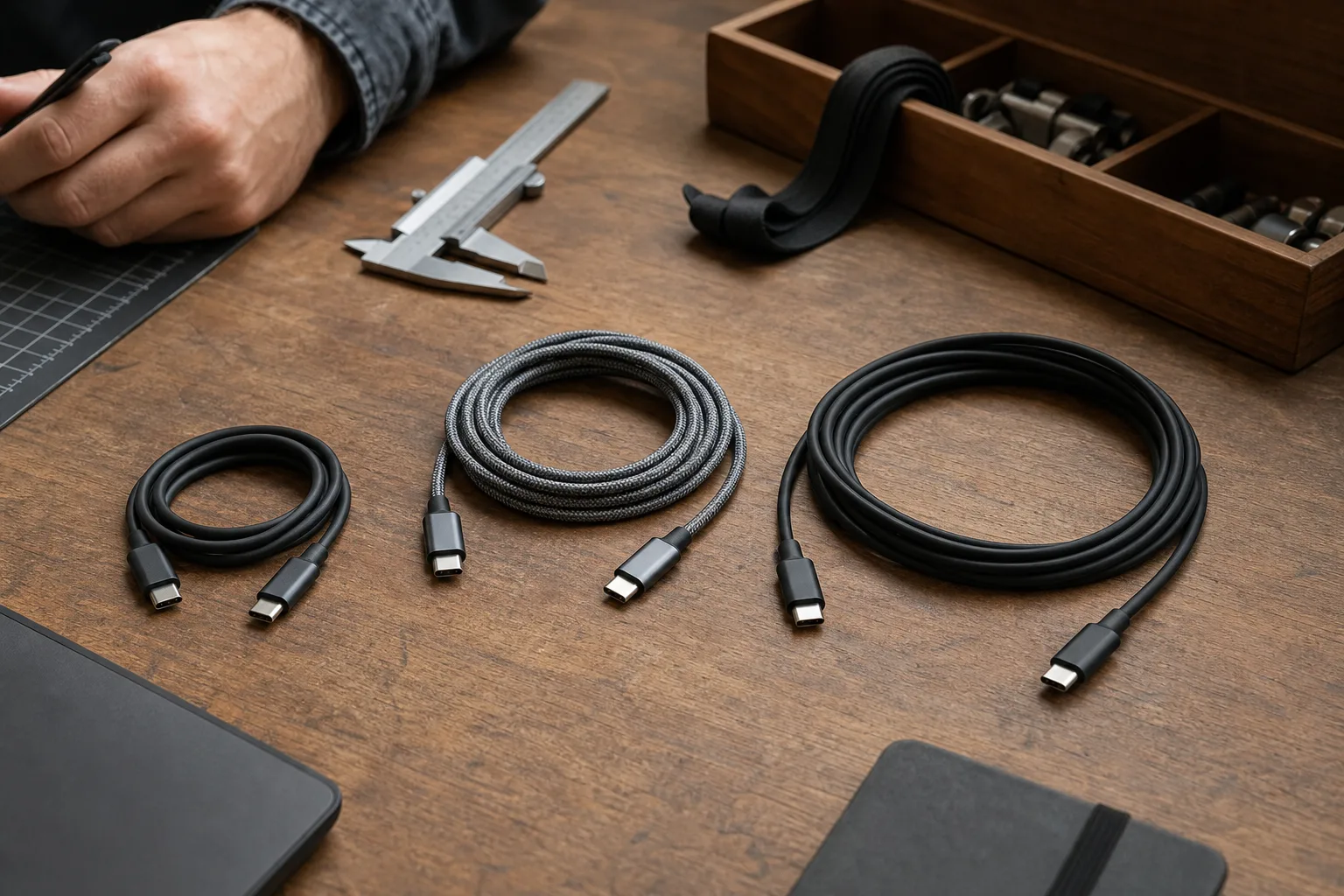 Lifestyle scene illustrating usb-c cable buying guide: length, power, and durability