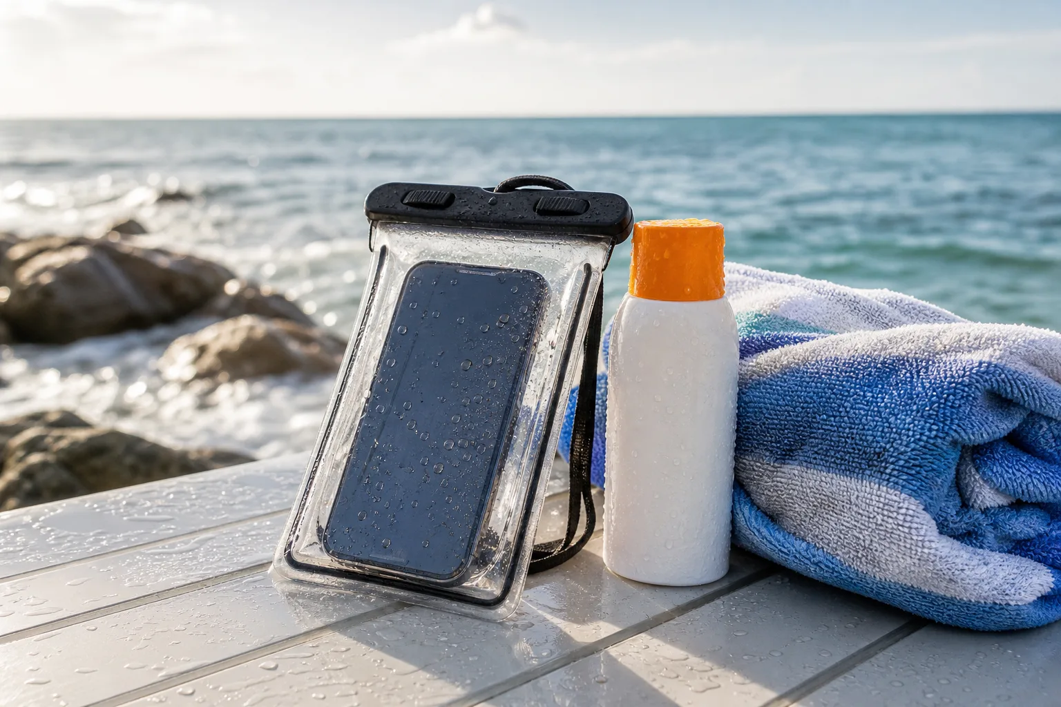 Lifestyle scene illustrating waterproof phone pouches for beaches and boat days
